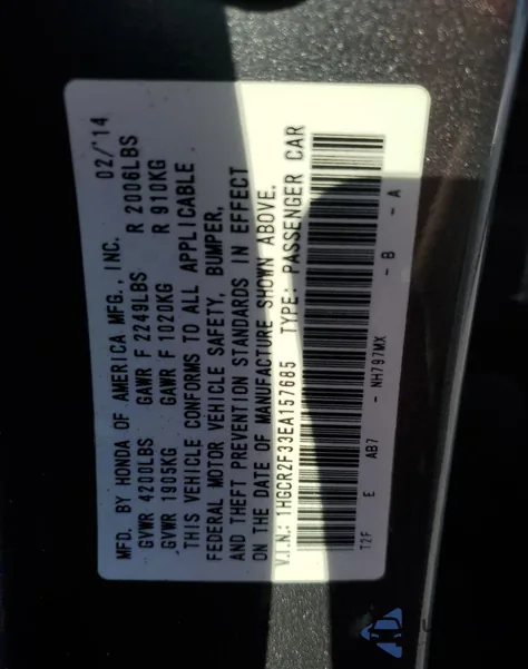 2014 Honda Accord Lx from USA, damaged, VIN 1HGCR2F33EA157685